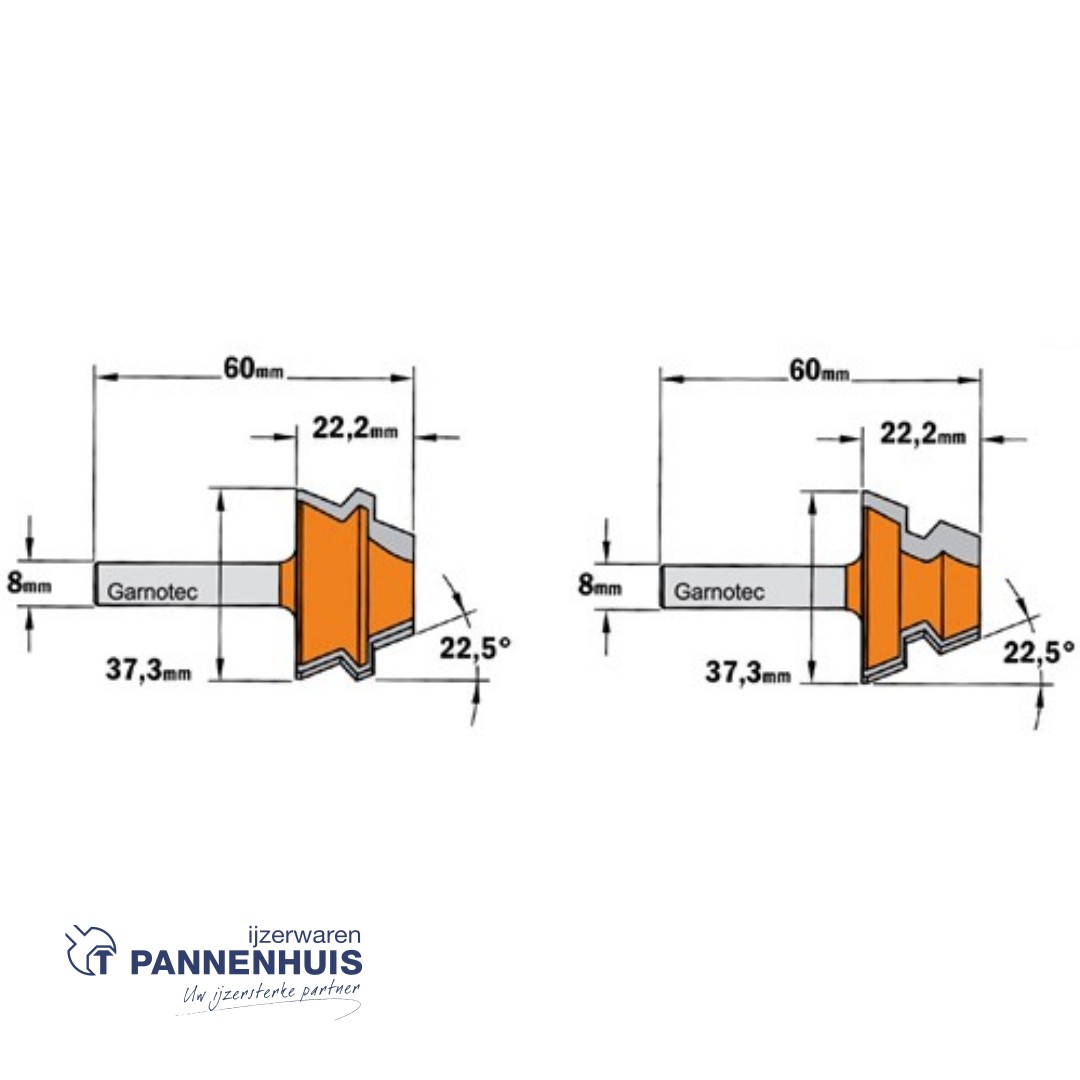 CMT Verstekfrees 22.5° met rechte hoek, HW D=37,3 x 22,2mm 22,5° L=60 S=8 Z2 - Afbeelding 2