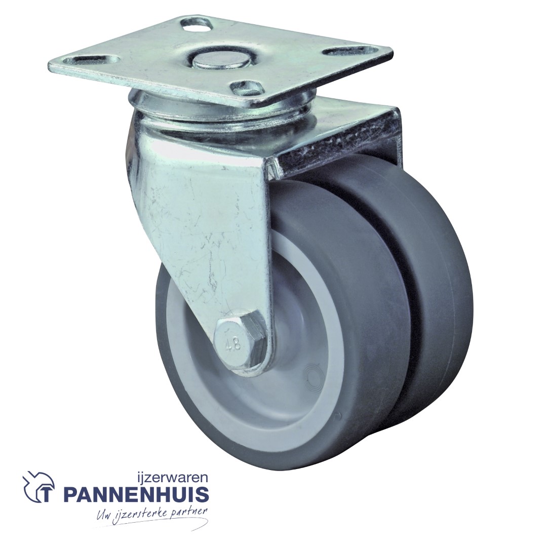 Zwenkwiel dubbel Ø 75mm 80kg op plaat grijze gummi