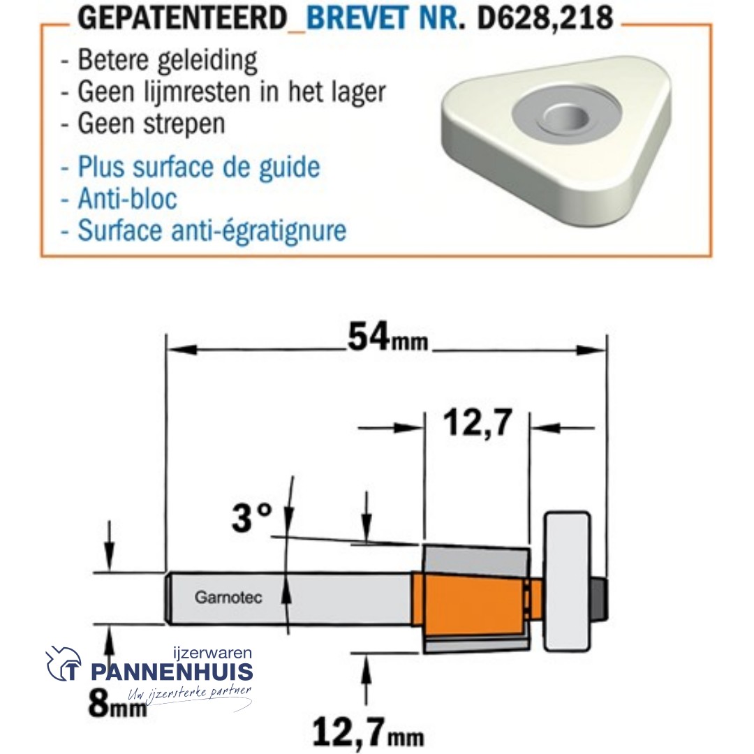 CMT Kantenfrees 3° met Delrin lager, HW D=12,7 x 12.7mm L=54,2 S=8 Z2 - Afbeelding 2