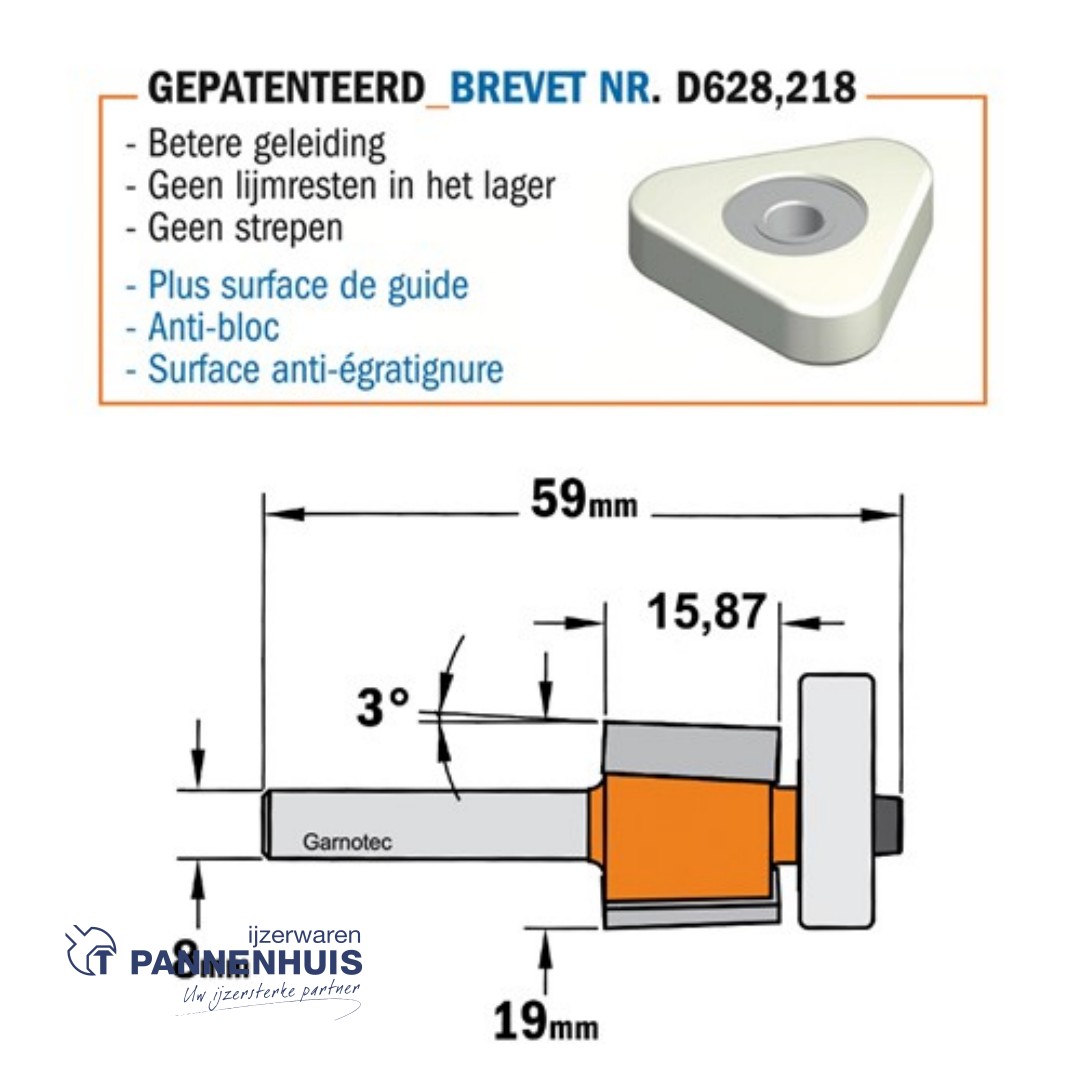 CMT Kantenfrees 3° met Delrin lager, HW D=19 x 15.87mm L=59 S=8 Z2 - Afbeelding 2