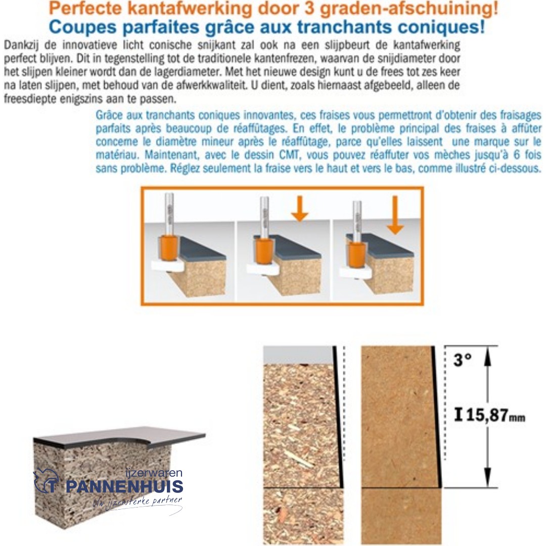 CMT Kantenfrees 3° met Delrin lager, HW D=19 x 15.87mm L=59 S=8 Z2 - Afbeelding 3