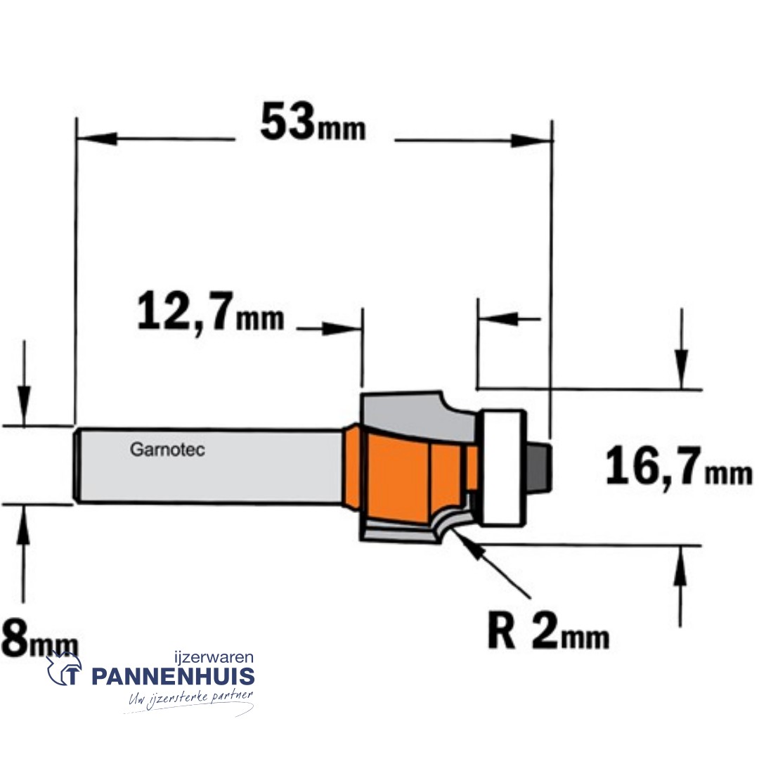 CMT Holle radiusfrees zonder opstaande kant, HW D=16,7 x 12.7mm R=2 L=52,5 S=8 Z2 - Afbeelding 2