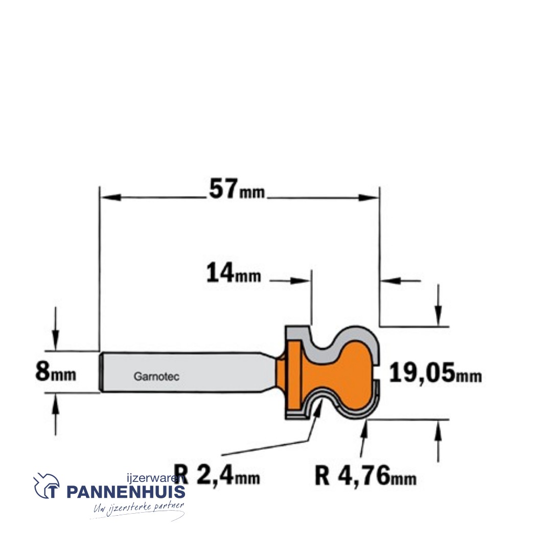 CMT Handgreepfrees, HW D=19,05 x 19,05mm R=4,76 L=57 S=8 Z2 - Afbeelding 2