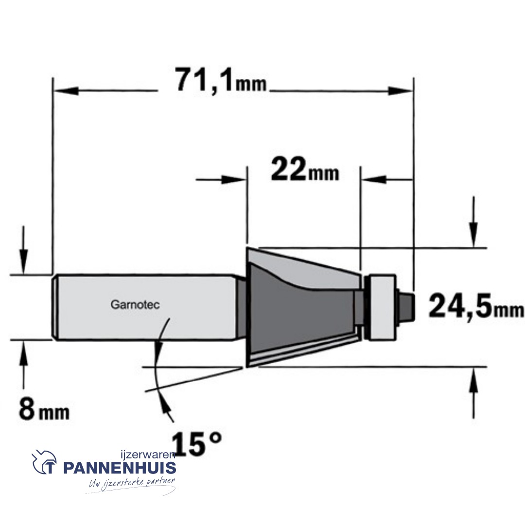 CMT Afkantfrees met geleidelager HW D=24,5 x 22mm 15° L=71,1 S=8 Z2 - Afbeelding 2