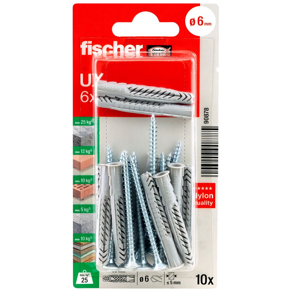 fischer Universeelplug UX 6 x 50 R met rand en schroef (blister) - Afbeelding 2