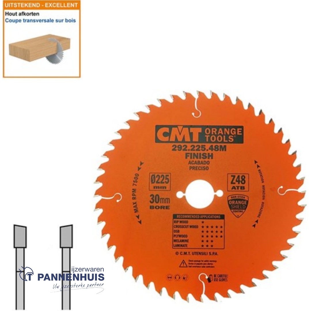 CMT Afkortcirkelzaag HW 225x30x2,8 Z48 Massieve houtsoorten