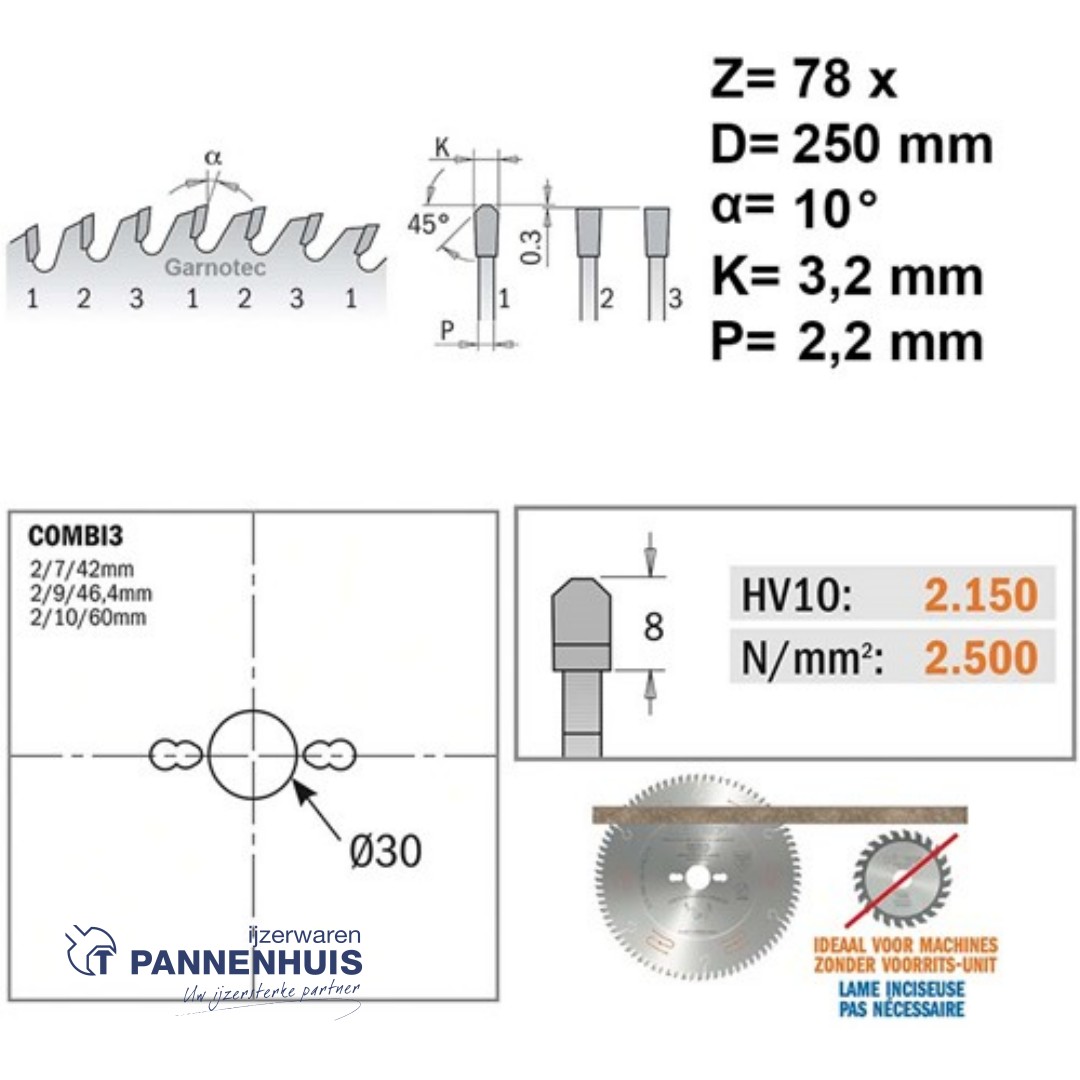 CMT Platencirkelzaag HW 250x30x3,2 Z78 Plaatmateriaal tweezijdig afgewerkt - Afbeelding 2