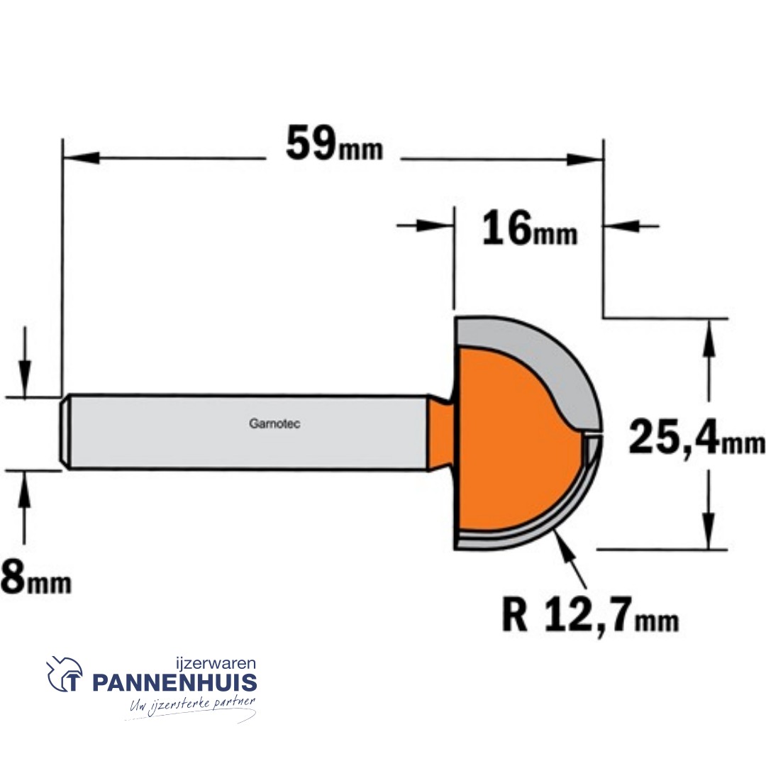 CMT Bolle radiusfrees HW D=25,4 x 16mm R=12,7 L=73 S=8 Z2 - Afbeelding 2