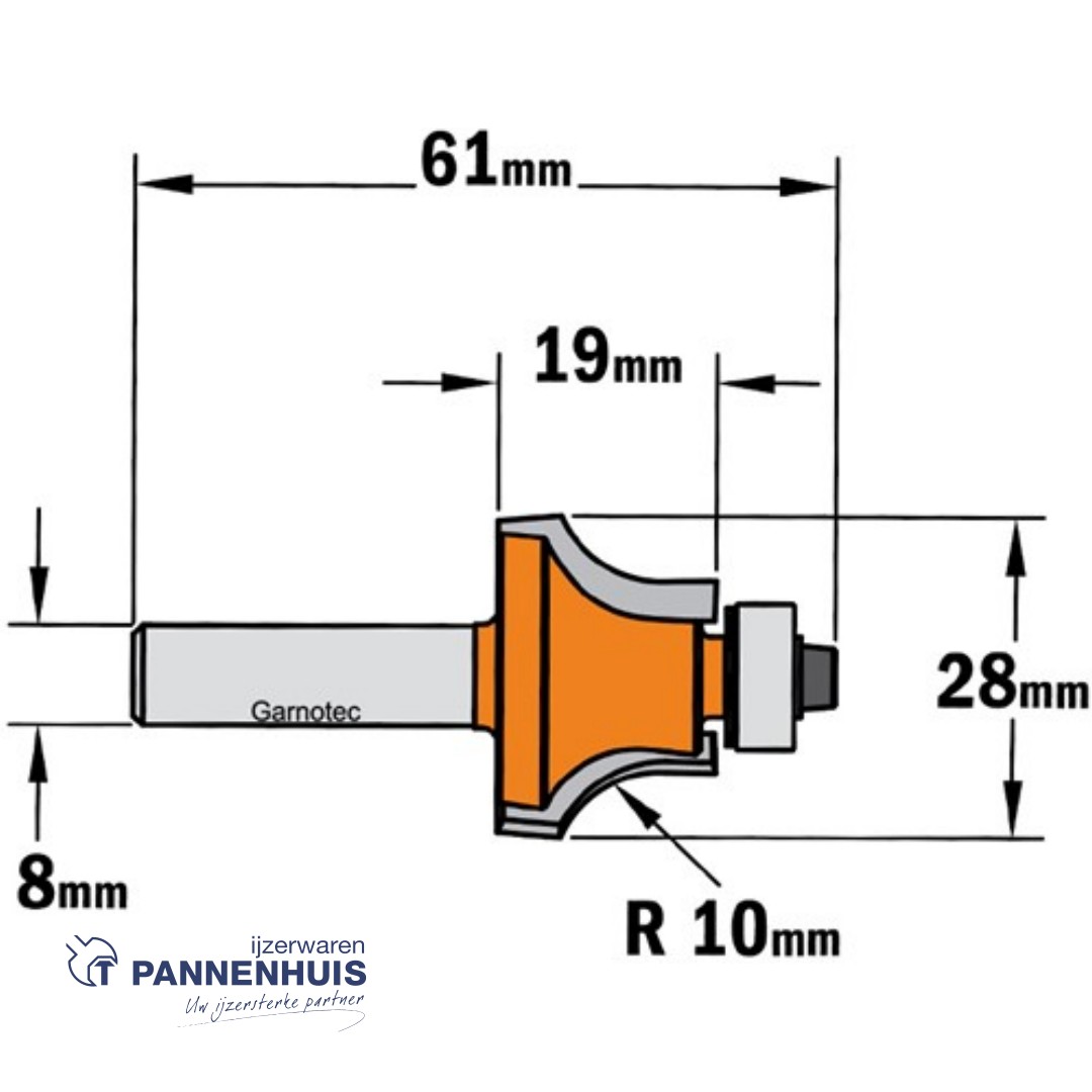 CMT Kruishoutverbindingsfrees prof. C, HW D=28 x 19mm R=10 L=61 S=8 Z2 - Afbeelding 2
