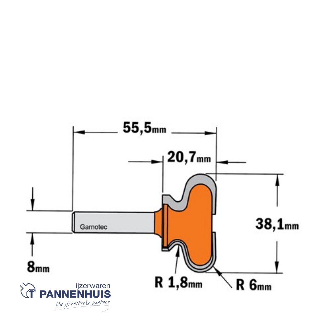 CMT Handgreepfrees, HW D=38,1 x 20,7mm R=6 L=55,5 S=8 Z2 - Afbeelding 2