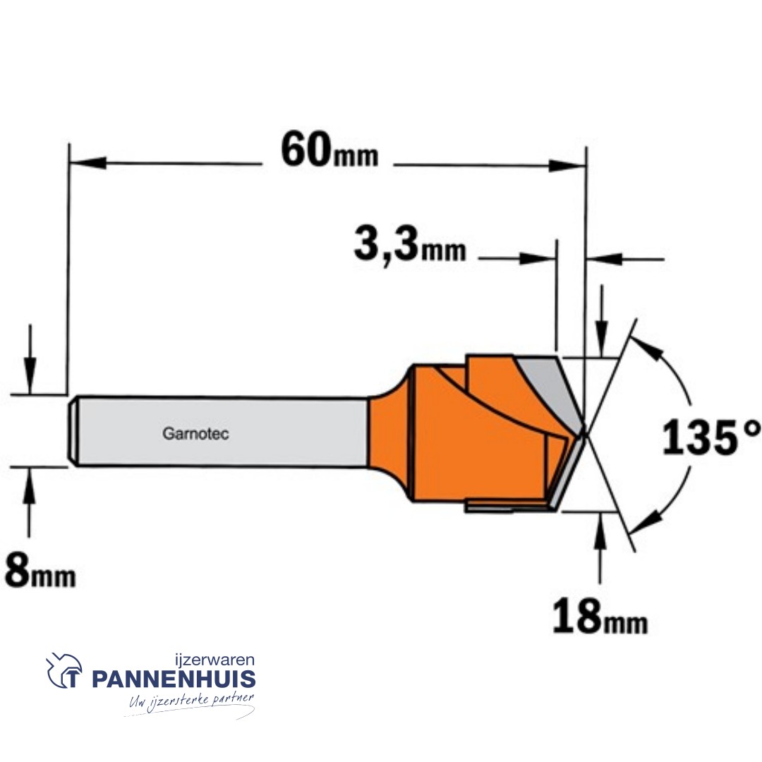 CMT V-groef frees 135° voor alucobond HW D=18 x 3,3mm 135° L=60 S=8 Z2 - Afbeelding 2