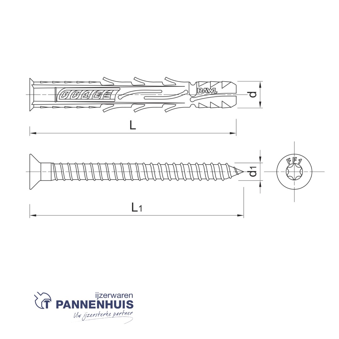 Rawl 10x100 Nylon plug met schroef Verzonken kop FF1 (25st) - Afbeelding 2
