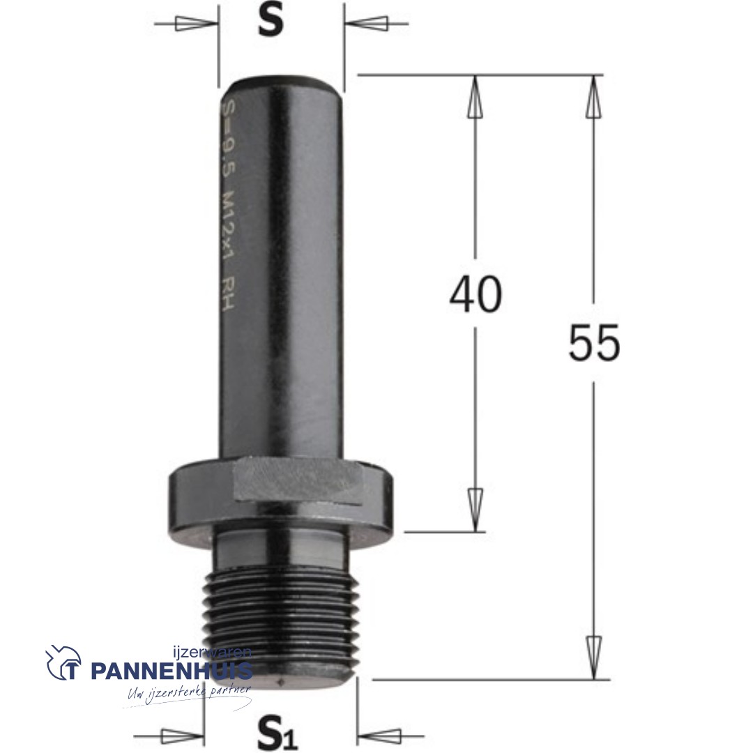 CMT Schacht voor uitwisselbare boor of potscharnierfrees S=12 x 40 LB=55 S1=M12x1 Rh (rechtsdraaiend)