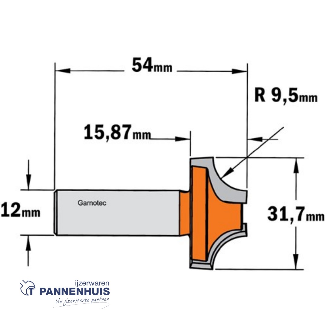 CMT Holle radiusfrees, HW D=31,7 x 15,87mm R=9,5 L=54 S=12 Z2 - Afbeelding 2