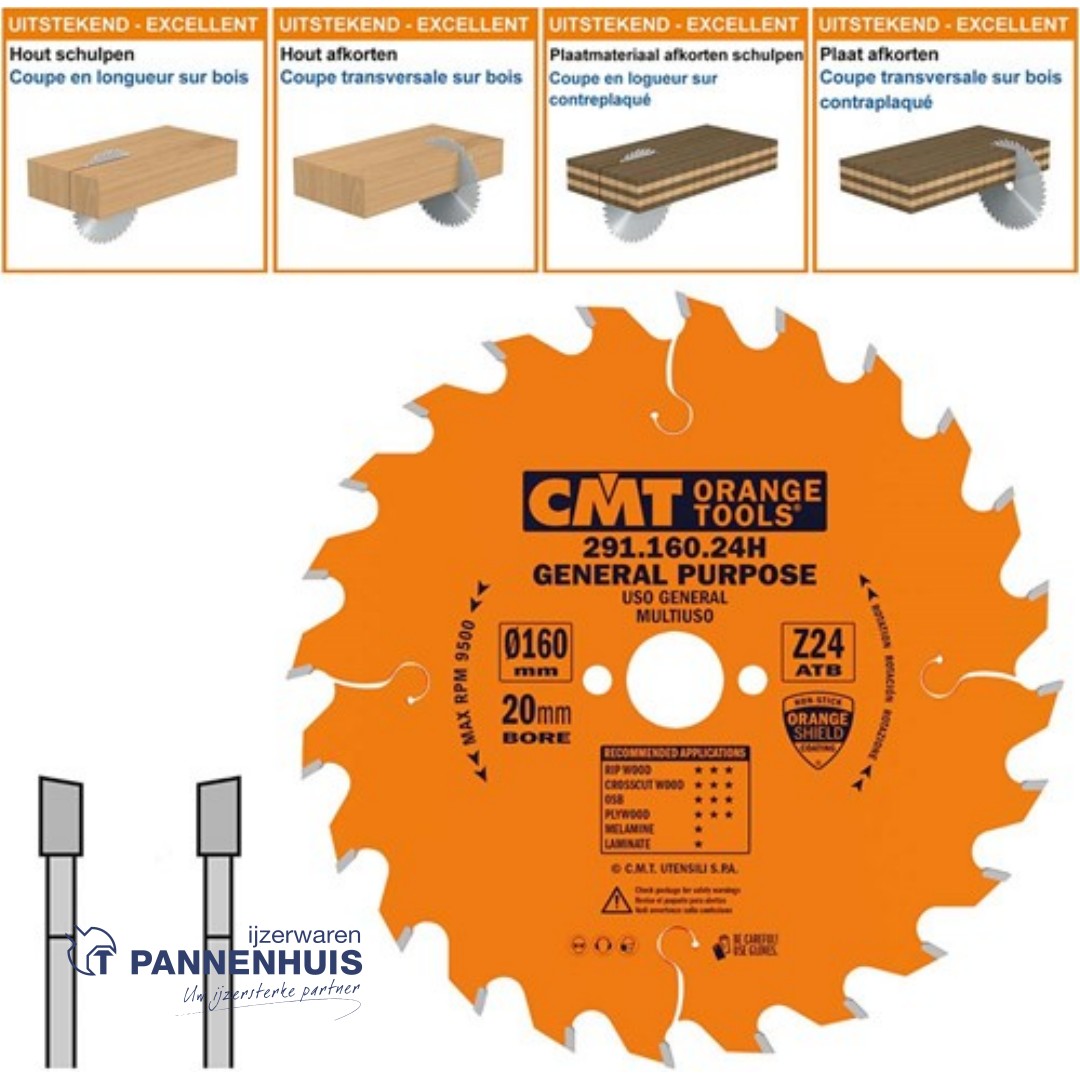 CMT Universele cirkelzaag HW 160x20x2,2 Z24 Massieve houtsoorten, Multiplex