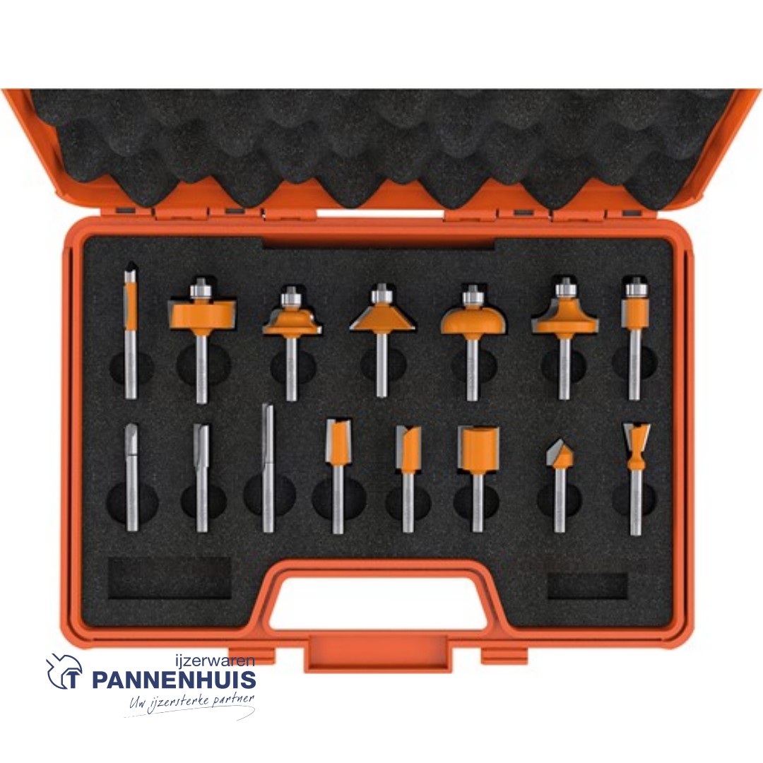 CMT 15-delige bovenfrezenset in oranje opbergkoffer, HW S=8mm Z2