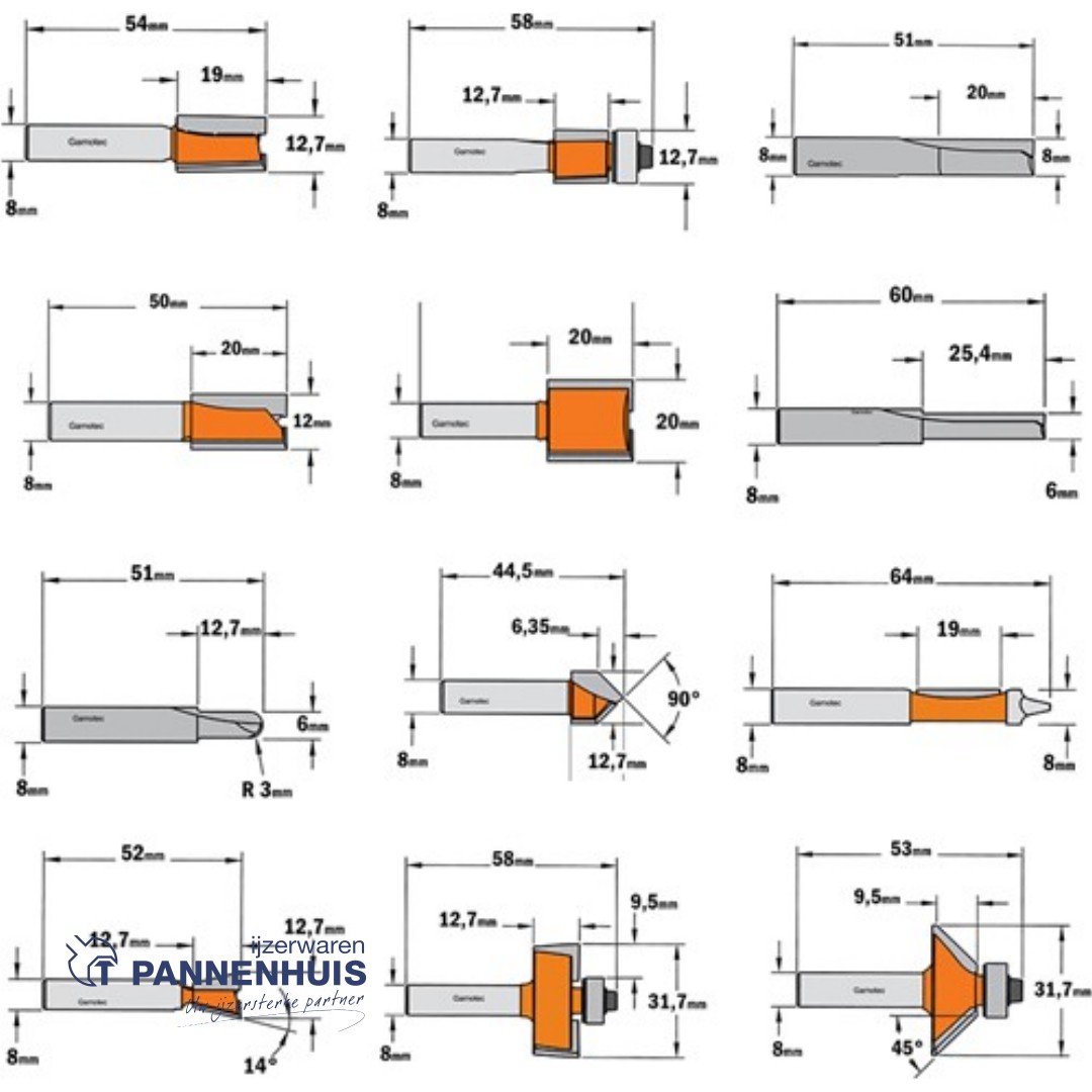 CMT 15-delige bovenfrezenset in oranje opbergkoffer, HW S=8mm Z2 - Afbeelding 2