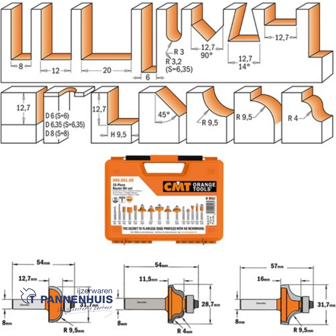 CMT 15-delige bovenfrezenset in oranje opbergkoffer, HW S=8mm Z2 - Afbeelding 3
