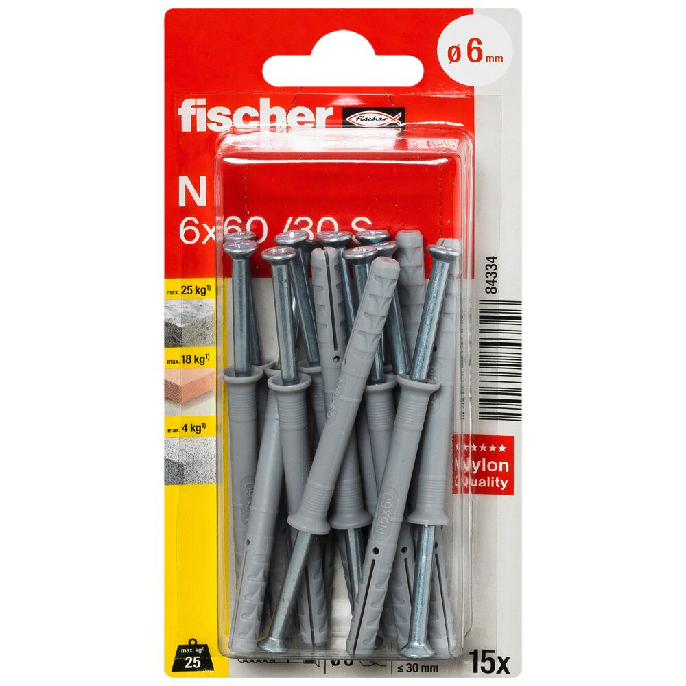 fischer Nagelplug N 6 x 60/30 S met verzonken kop (blister) - Afbeelding 2
