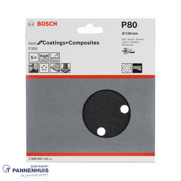 Bosch Schuurvel F355 150 mm, korrel 80, 8 gaten, 5x - Afbeelding 2