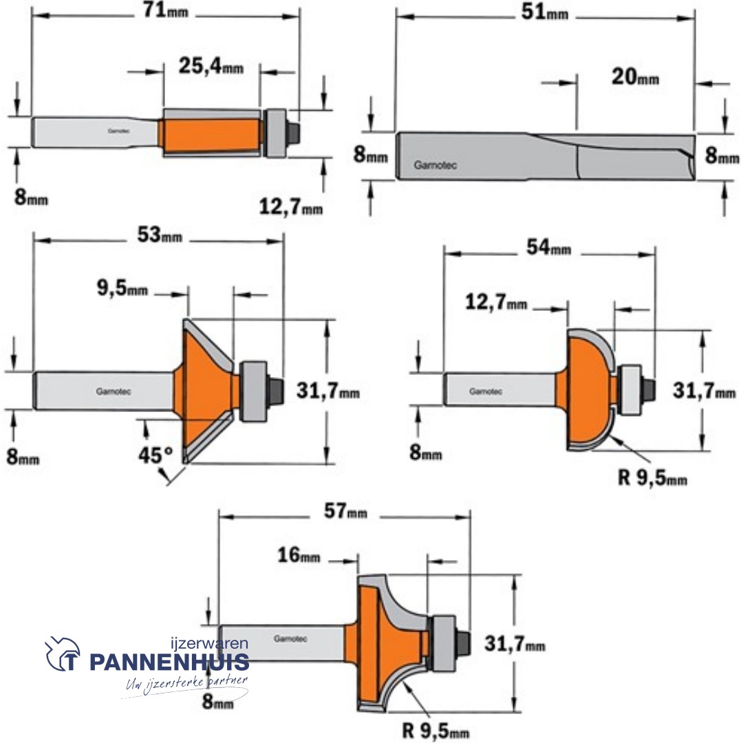 CMT 5-delige frezenset in pvc kistje HW S=8mm 5 profielfrezen - Afbeelding 2