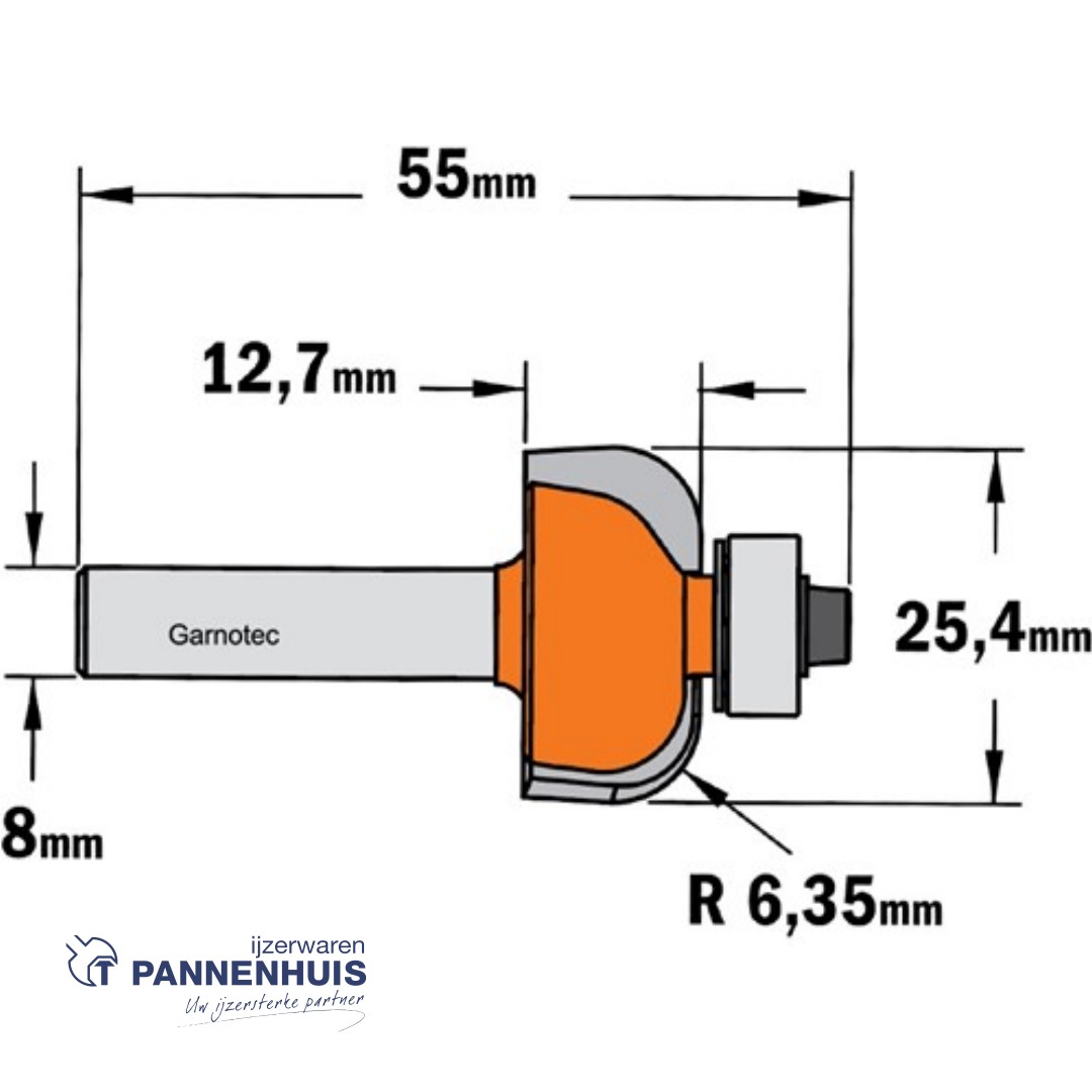 CMT Bolle radiusfrees met kogellager HW D=25,4 x 12.7mm R=6,35 L=55 S=8 Z2 - Afbeelding 2