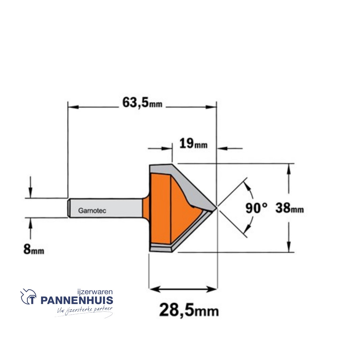 CMT V-groef frees 90° HW D=38 x 19mm 90° L=63,5 S=8 Z2 - Afbeelding 2
