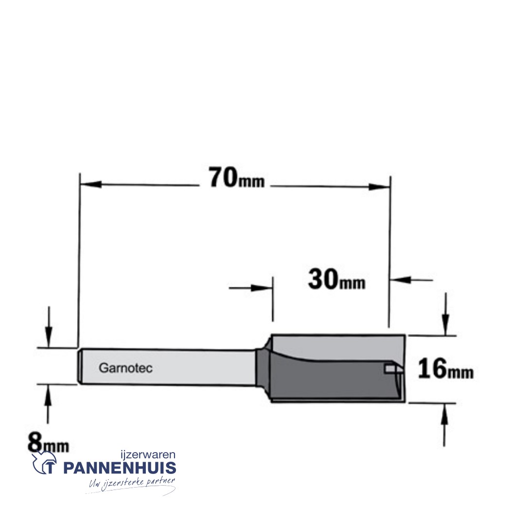 Rechte groeffrees, D=16, I=30, L=70, Z=Z2+1, S=Ø8, Kwaliteit=HW - Afbeelding 2
