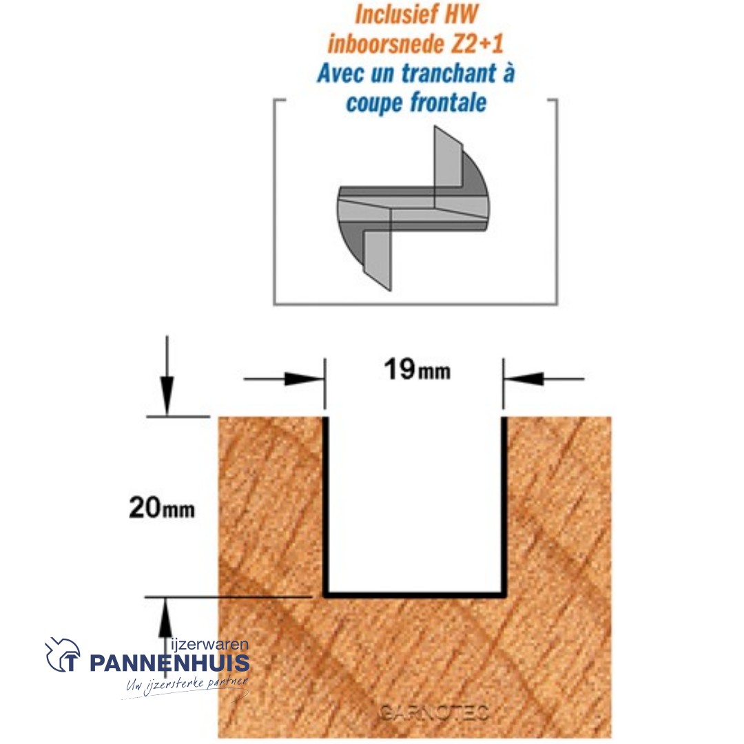 Rechte groeffrees, D=19, I=20, L=70, Z=Z2+1, S=Ø8, Kwaliteit=HW - Afbeelding 3