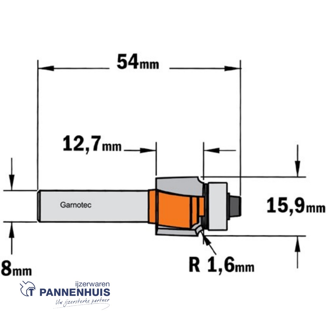 CMT Holle radiusfrees zonder opstaande kant, HW D=15,9 x 12.7mm R=1,6 L=54 S=8 Z2 - Afbeelding 2