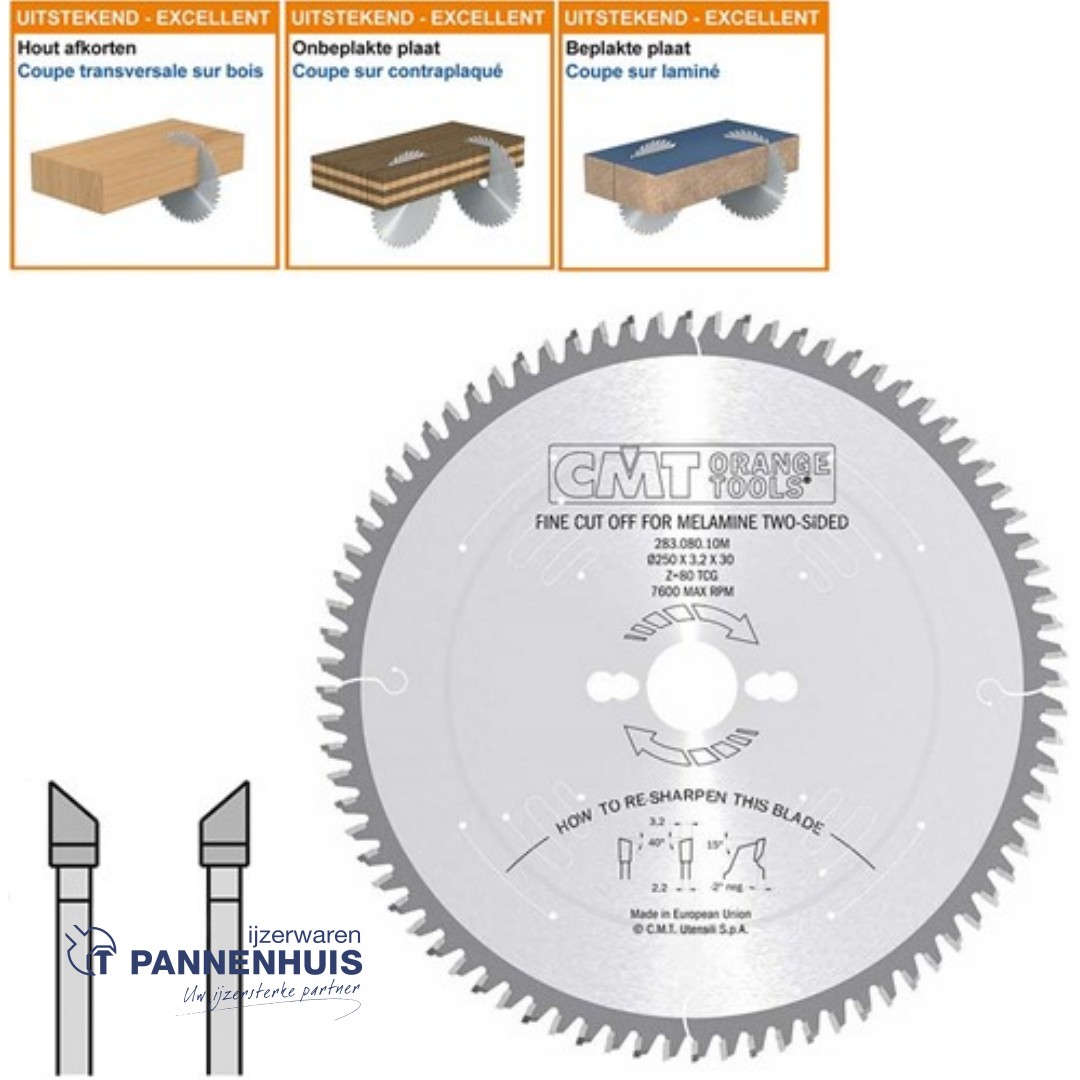 CMT Platencirkelzaag HW 250x30x3,2 Z80 Melamine, Dunne houtsoorten