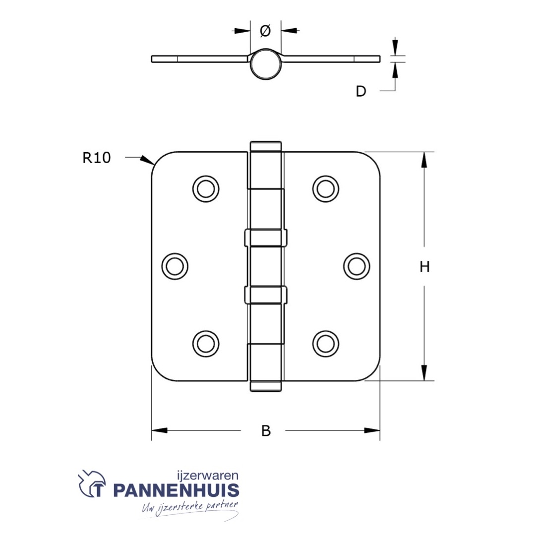 Bilscharnier ronde hoeken 76x76 mm, RVS, H36776763103