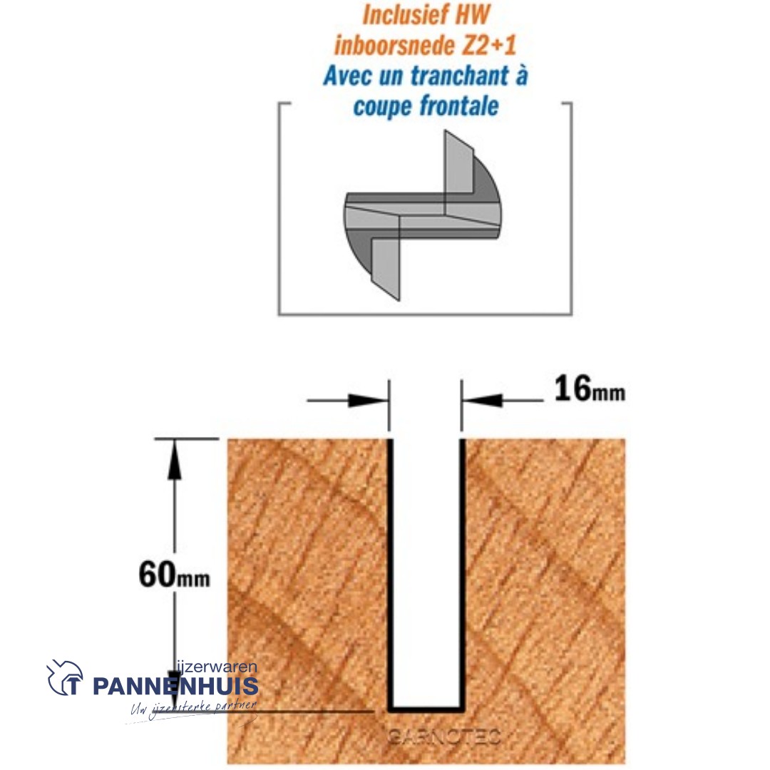 Rechte groeffrees, D=16, I=60, L=110, Z=Z2+1, S=Ø12, Kwaliteit=HW - Afbeelding 3