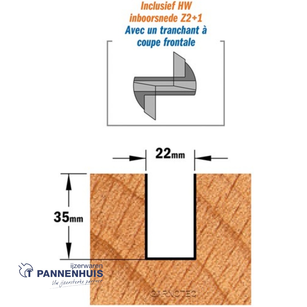 Rechte groeffrees, D=22, I=35, L=90, Z=Z2+1, S=Ø12, Kwaliteit=HW - Afbeelding 3