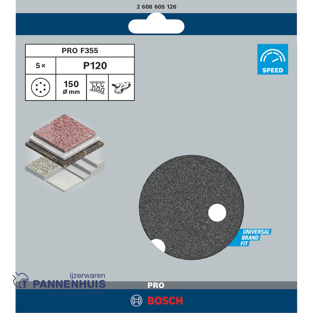 Bosch Schuurvel F355 150 mm, korrel 120, 8 gaten, 5x - Afbeelding 3