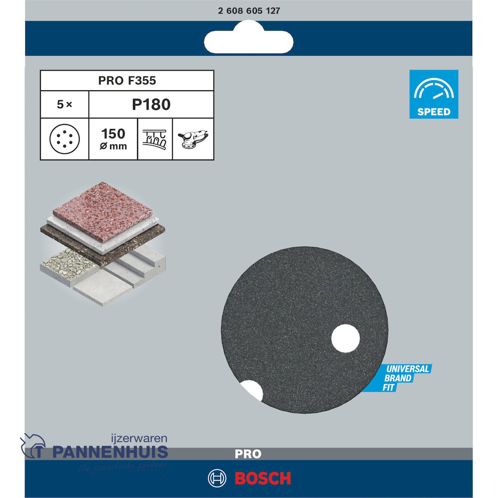 Bosch Schuurvel F355 150 mm, korrel 180, 8 gaten, 5x - Afbeelding 3